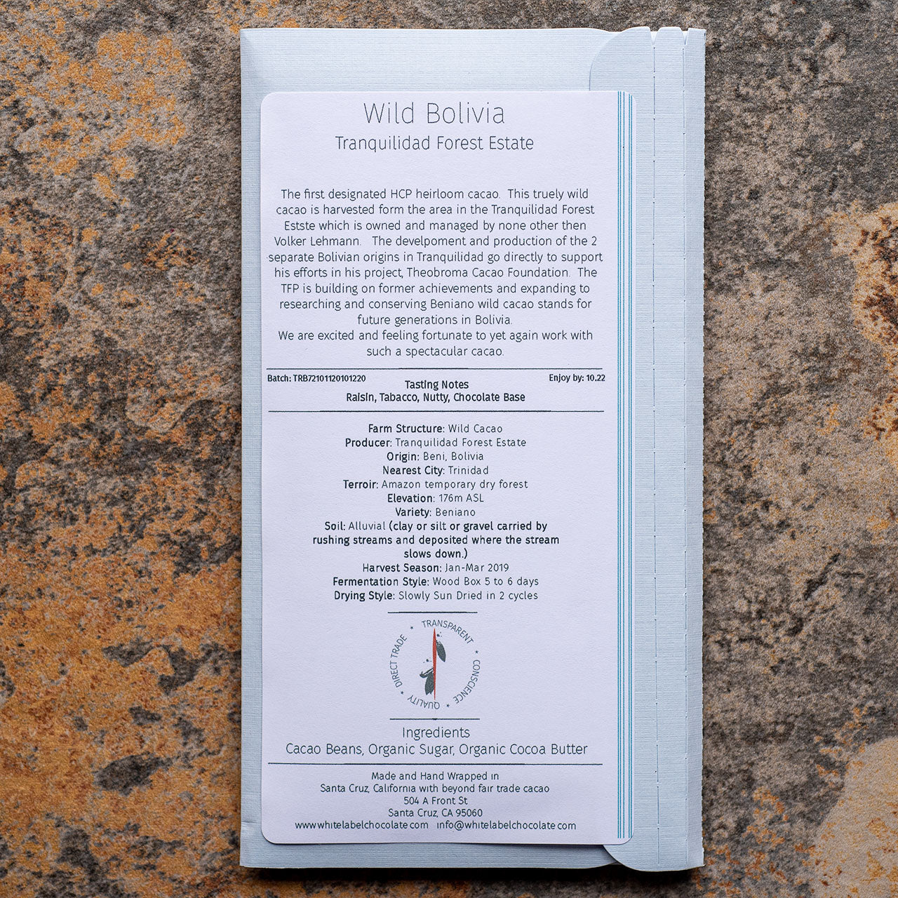 White Label Tranquilidad Heirloom Wild Bolivia 72 percent Chocolate Bar