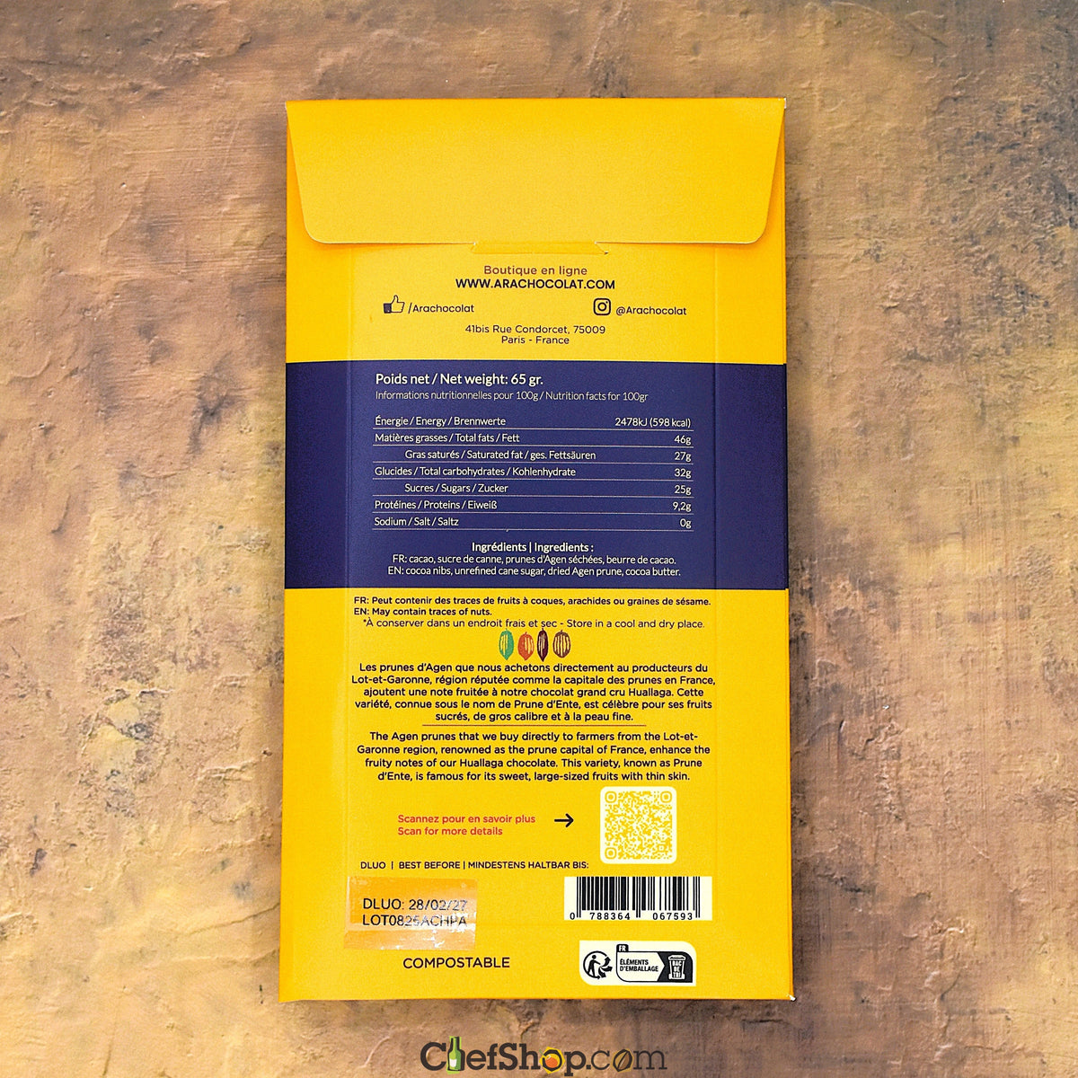 Ara Chocolat Huallaga Peru 74% Dark Chocolate Bar with Agen Prunes