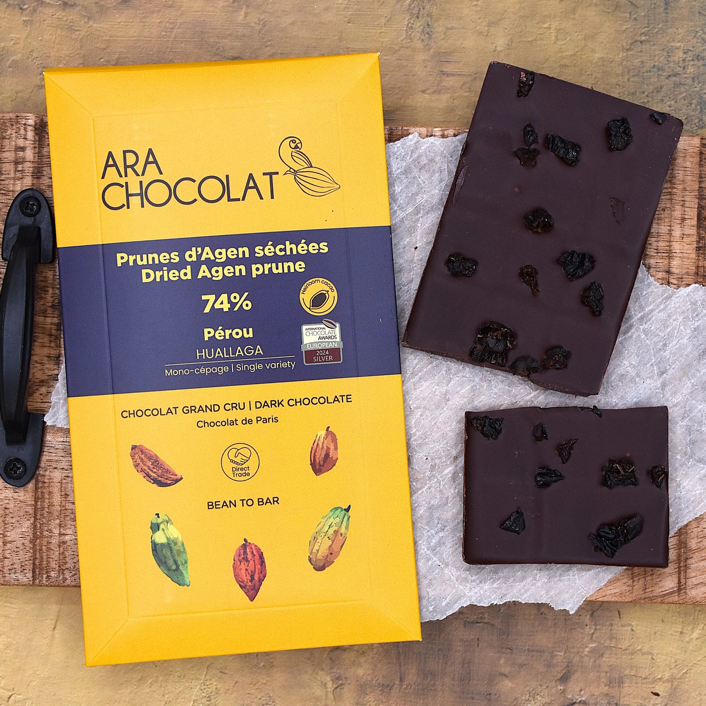 Ara Chocolat Huallaga Peru 74% Dark Chocolate Bar with Agen Prunes