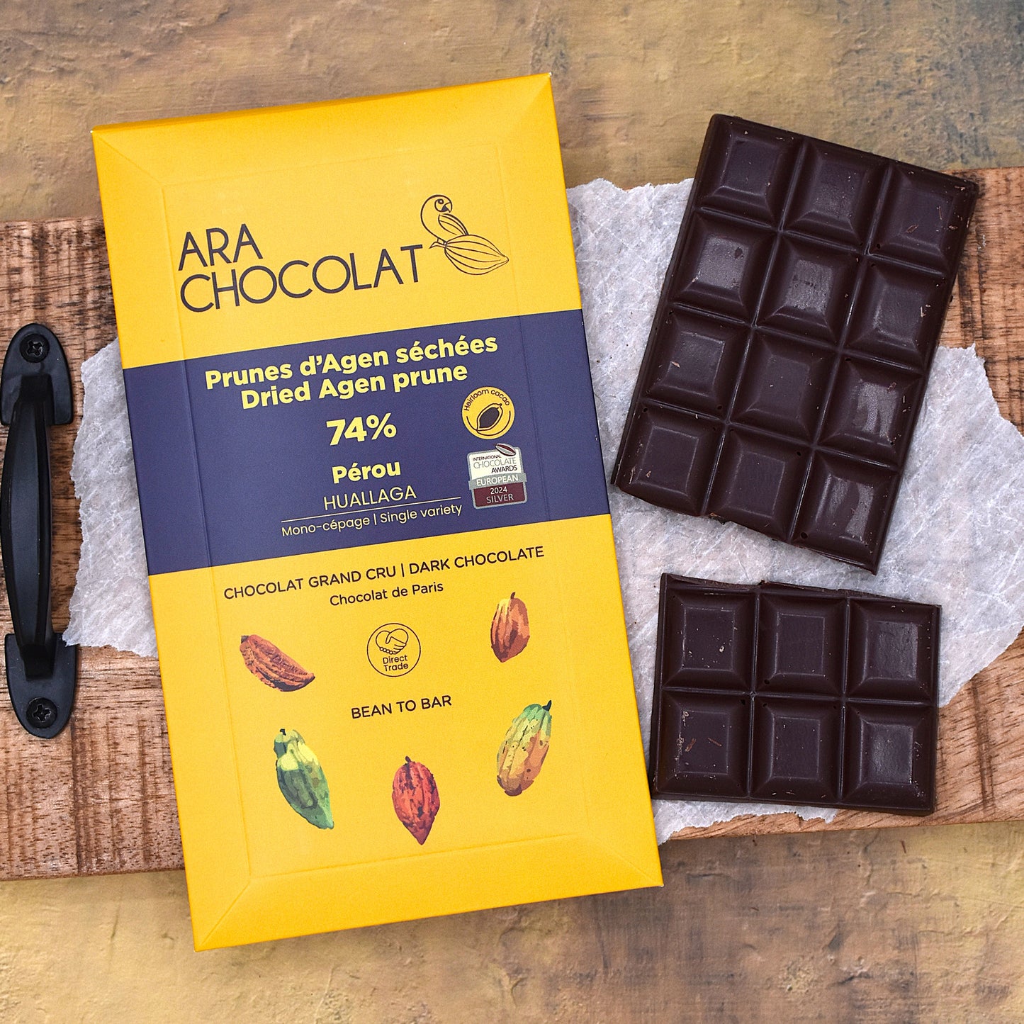 Ara Chocolat Huallaga Peru 74% Dark Chocolate Bar with Agen Prunes