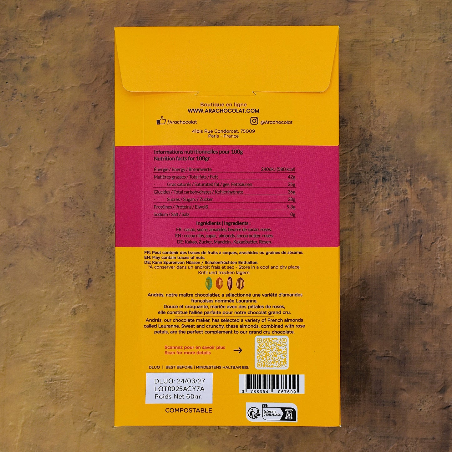 Ara Chocolat Almond and Roses 70% Dark Chocolate Bar