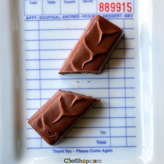 Two chocolate bars on a restaurant receipt with a visible order number Ara Chocolat Hazelnut Praline Bar
