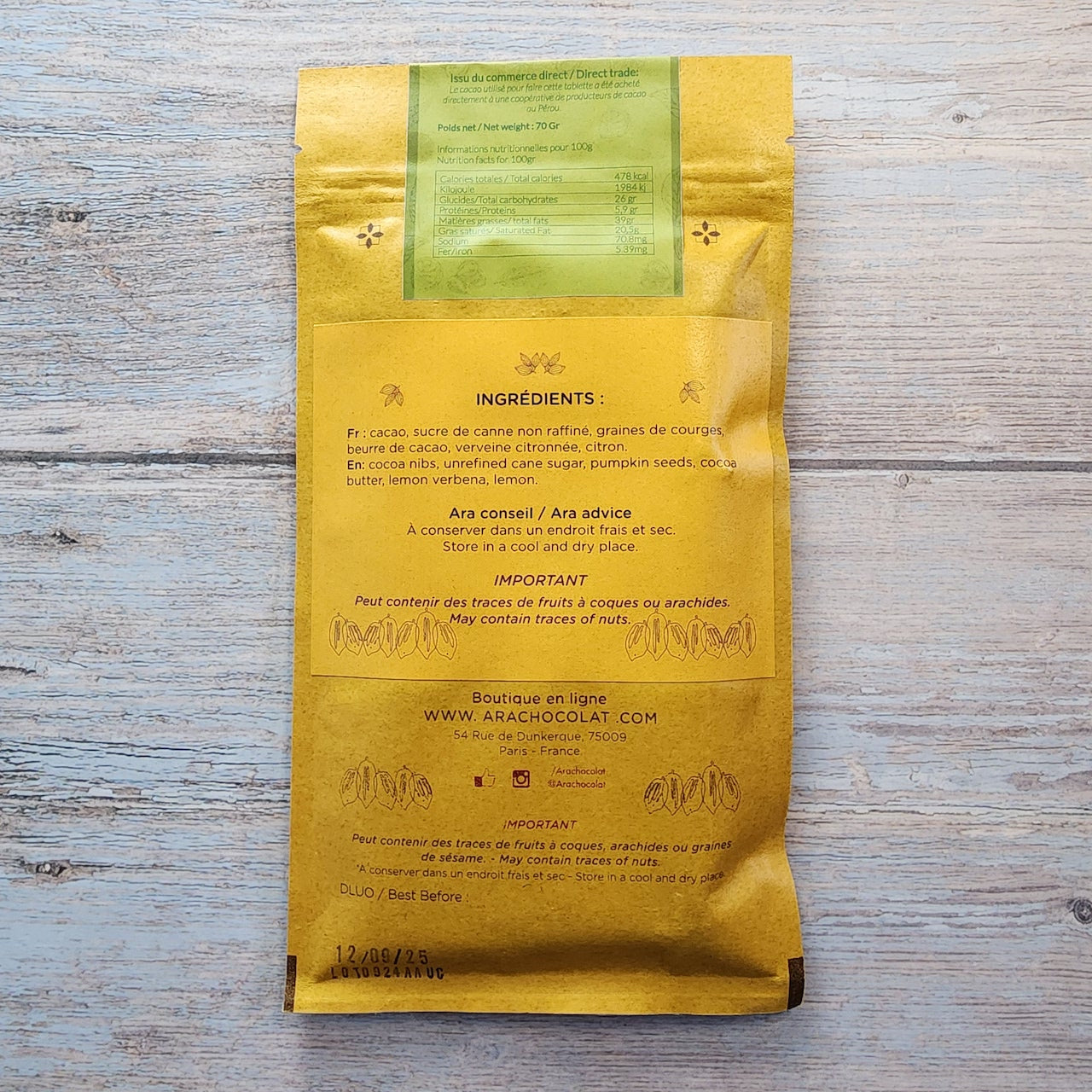 Ara Chocolat Pumpkin Seed and Lemon Verbina 74% Dark Chocolate Bar