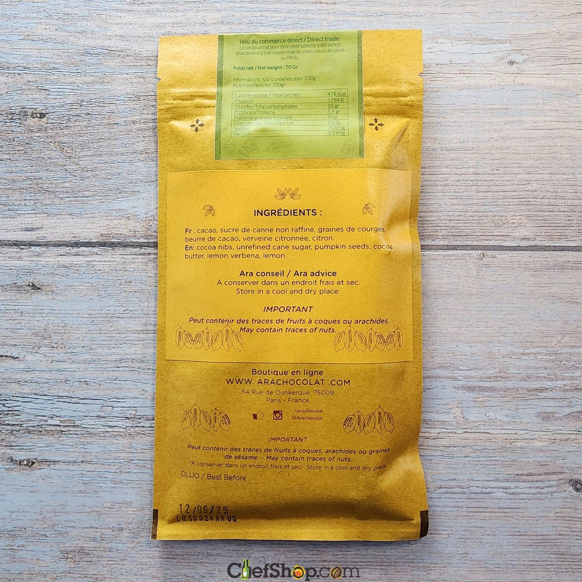 Ara Chocolat Pumpkin Seed and Lemon Verbina 74% Dark Chocolate Bar