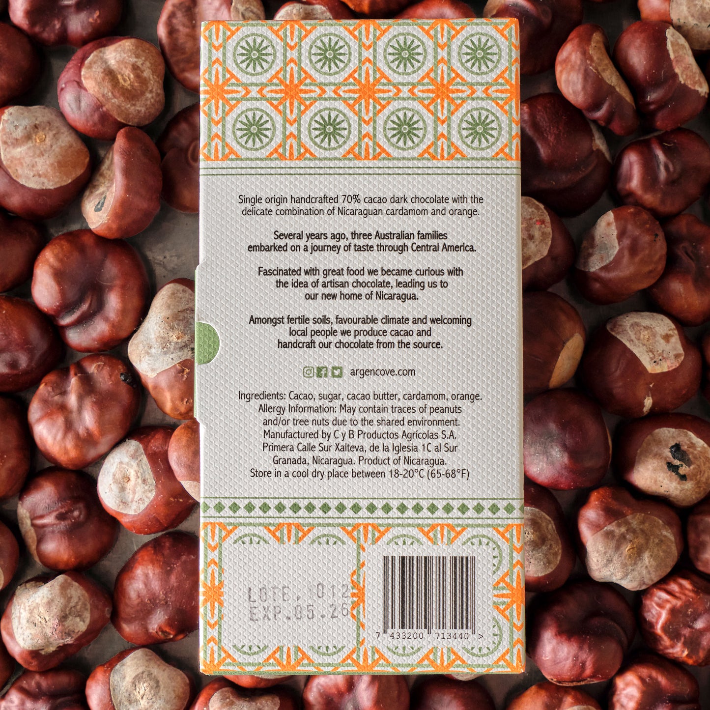 Argencove 70% Cardamom and Orange Dark Chocolate Bar
