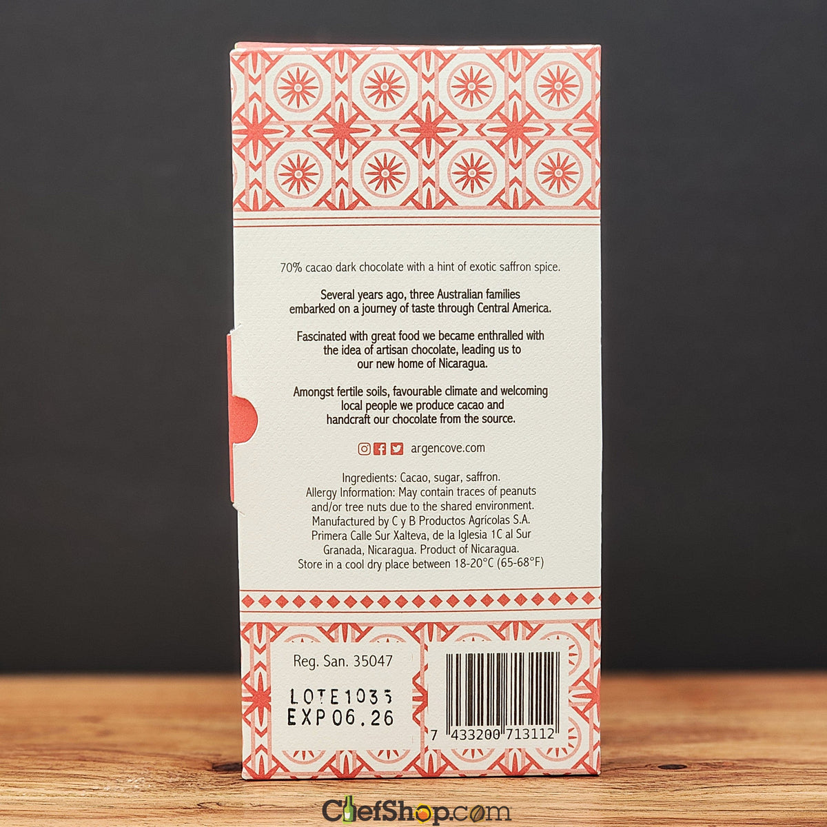 Argencove Saffron 70% Dark Chocolate Bar