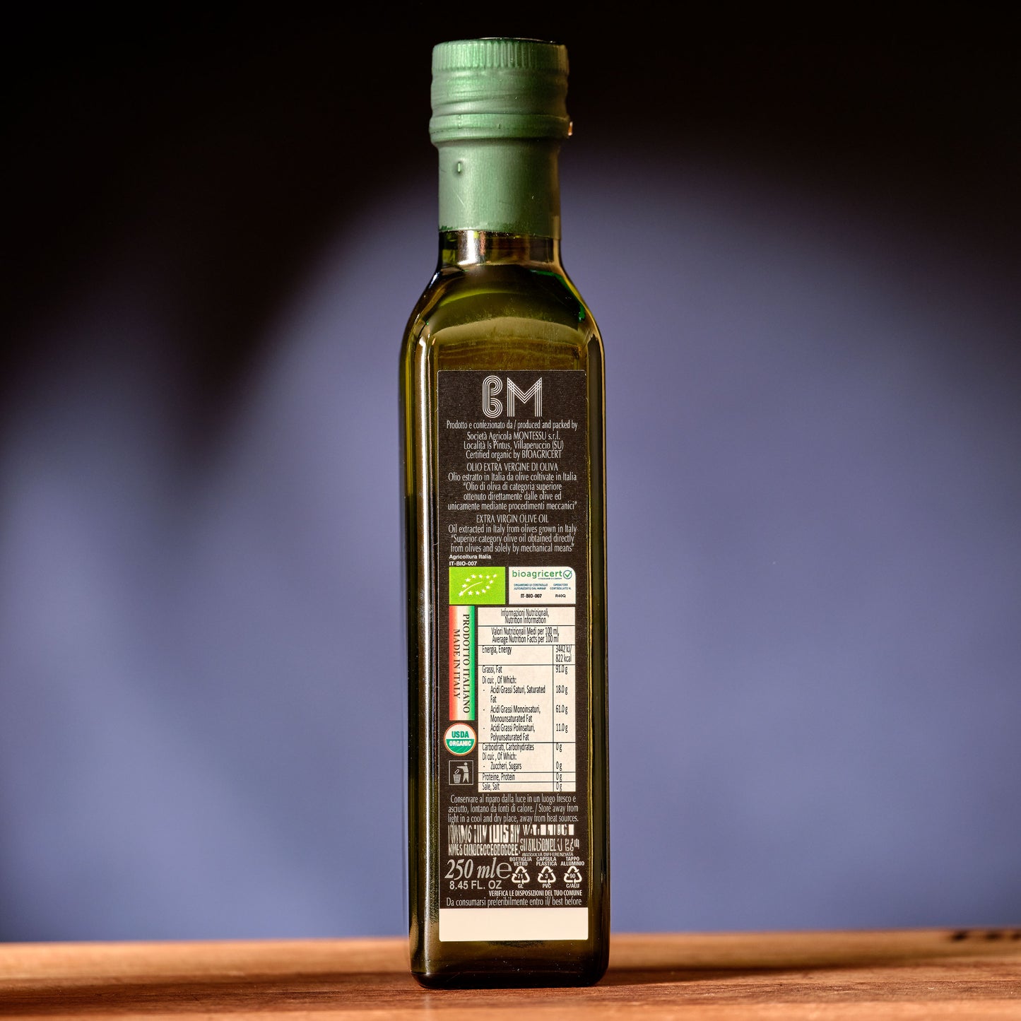 Boni Mores Organic Semidana Sardinian Olive Oil - Square Bottle label