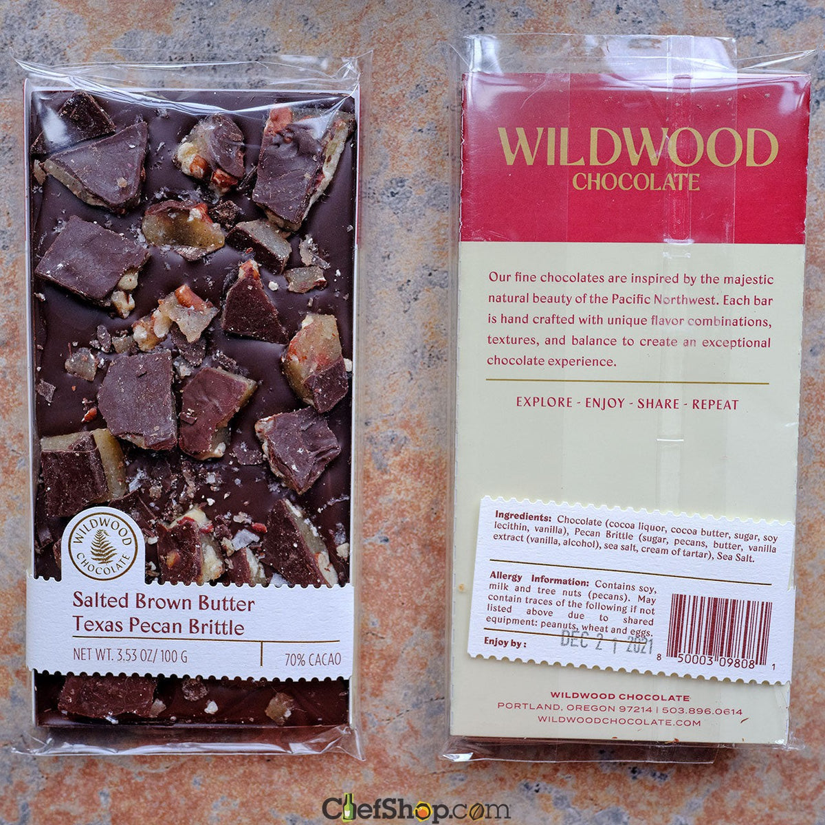 Wildwood Salted Brown Butter Texas Pecan Brittle 70-Percent Dark Chocolate Bar