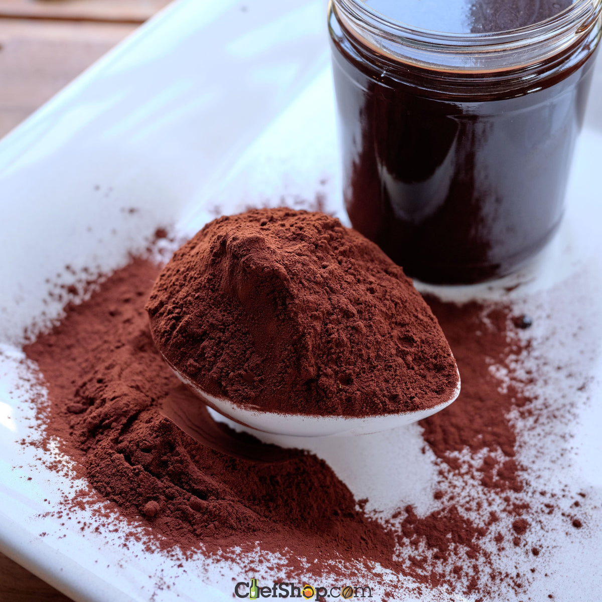 Cocoa powder with a spoon and jar on a white plate -ChefShop Grande Brut Cocoa Powder