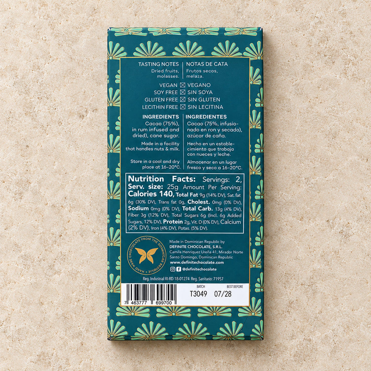 Definite Chocolate Dominican Rum 75% Dark Chocolate Bar