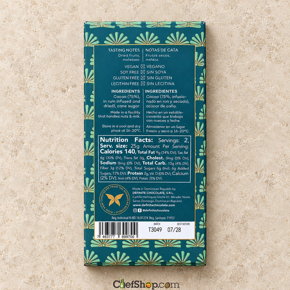 Definite Chocolate Dominican Rum 75% Dark Chocolate Bar
