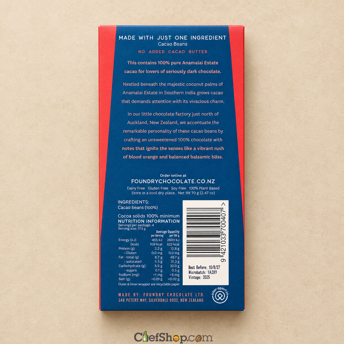 Foundry Chocolate India 100% Dark Chocolate Bar - Anamalai Estate