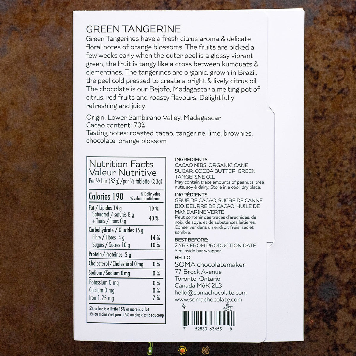 SOMA Green Tangerine 70-Percent Dark Chocolate Bar