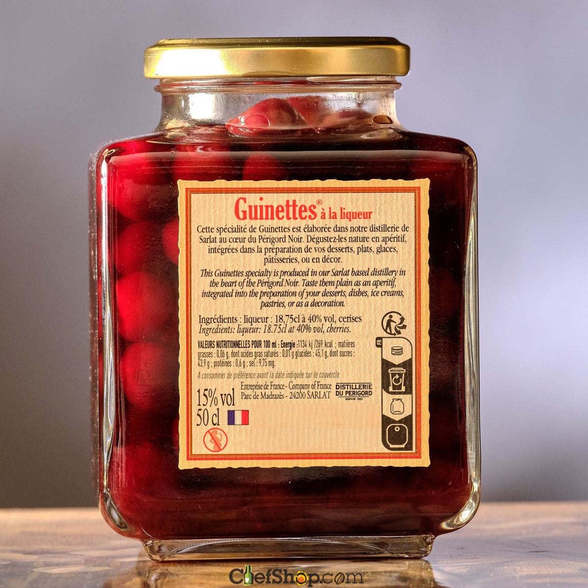 Distillerie du Perigord Guinettes Cherries in Liqueur back