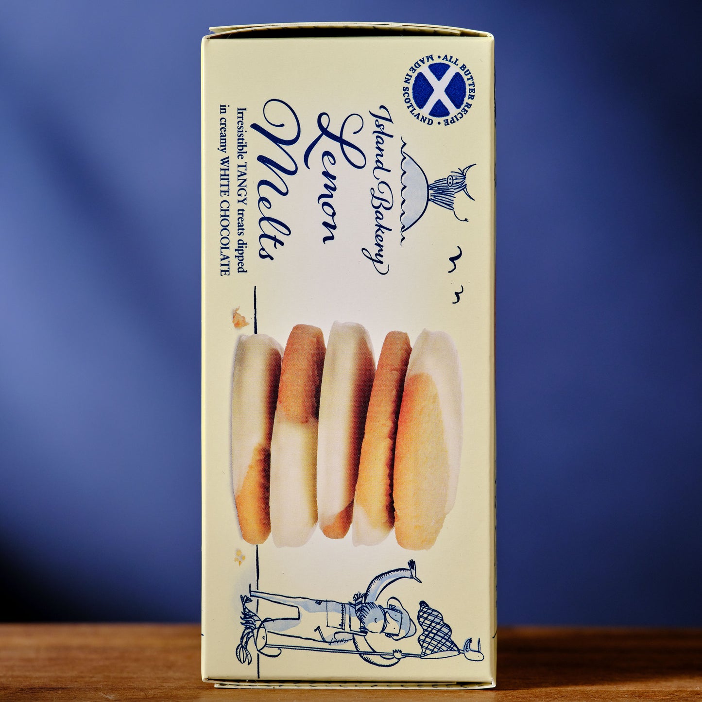 Box of Lemon Melts with a blue background Island Bakery Lemon Melts