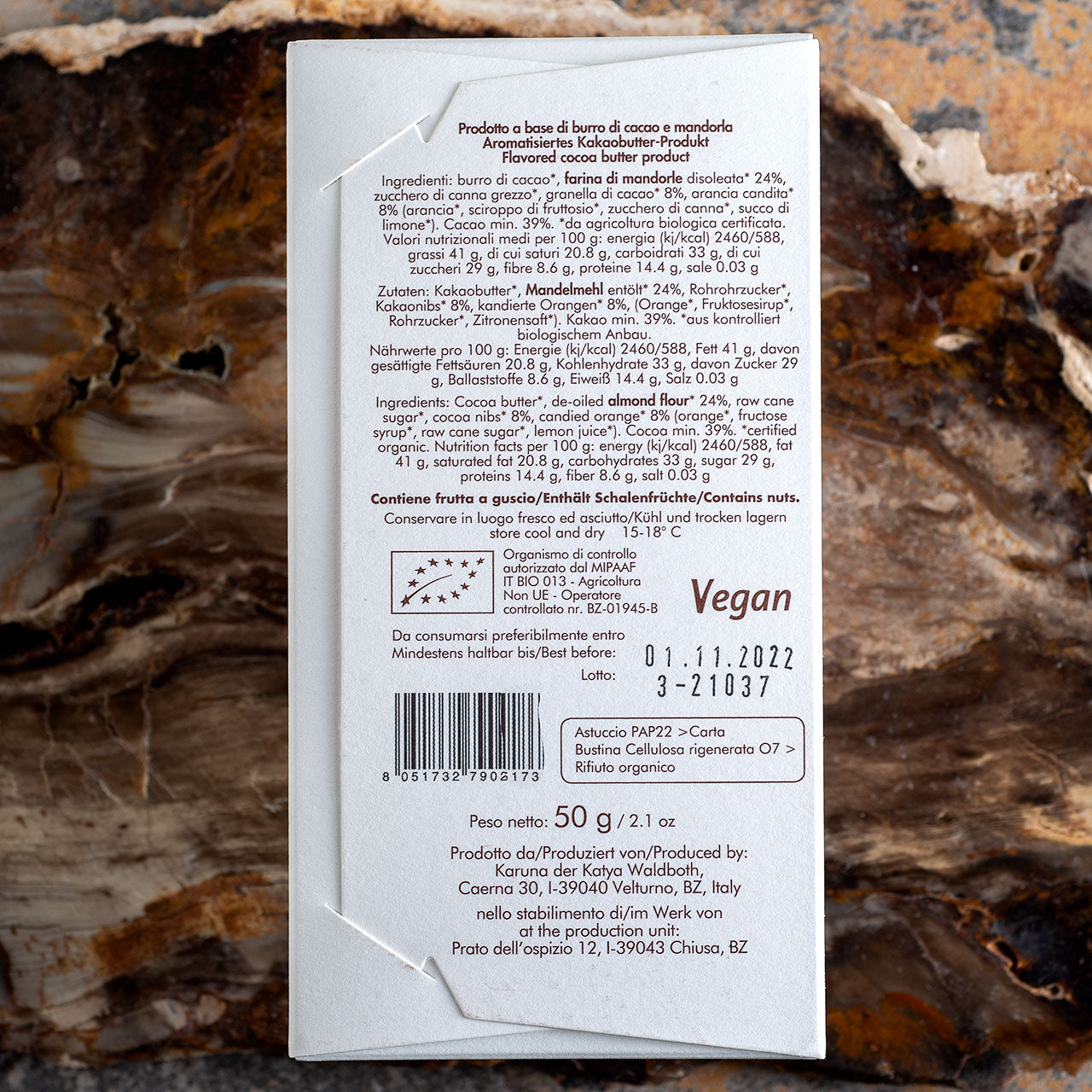 Karuna Chocolate Toasted Almond with Nibs and Orange Cocoa Butter Bar