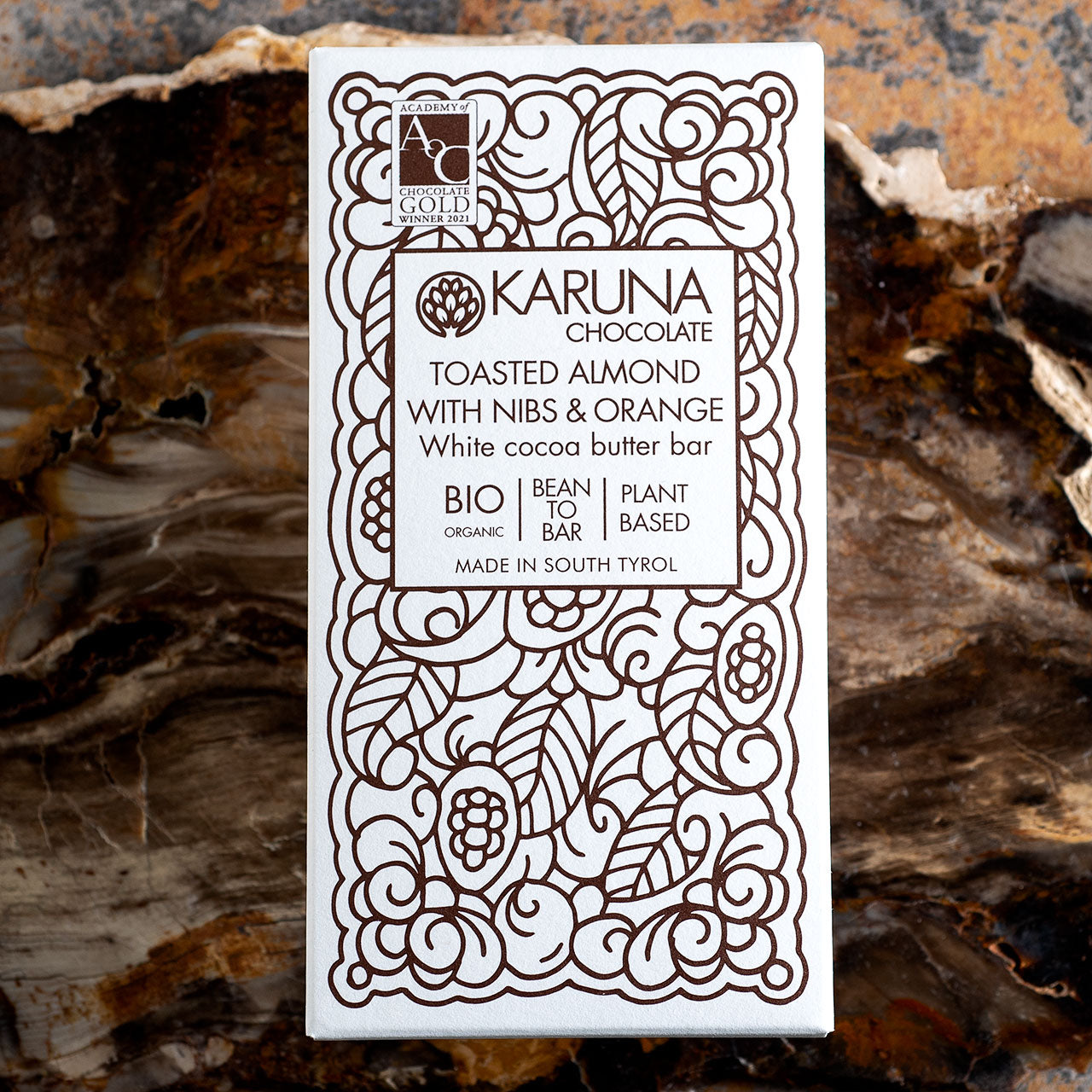 Karuna Chocolate Toasted Almond with Nibs and Orange Cocoa Butter Bar