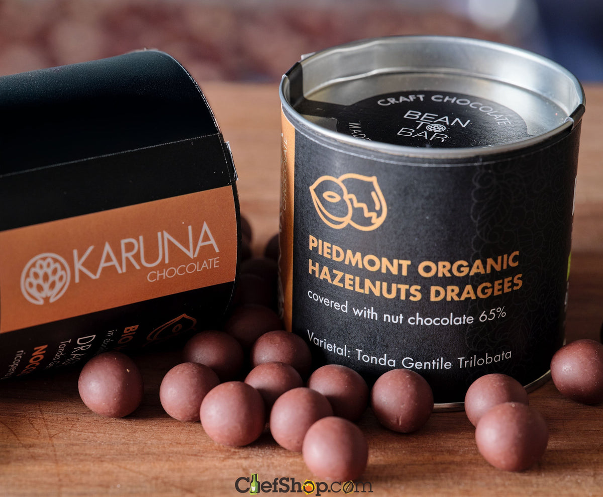 Karuna Organic IGP Hazelnut Dragées (65% Dark Chocolate-Covered Hazelnuts)