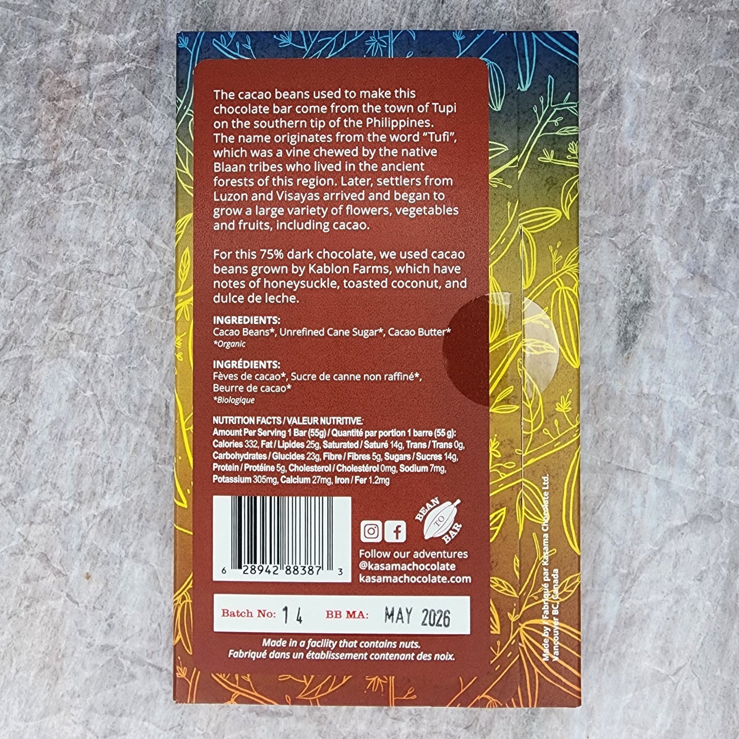 Kasama 75% Tupi Organic Dark Chocolate Bar - Philippines