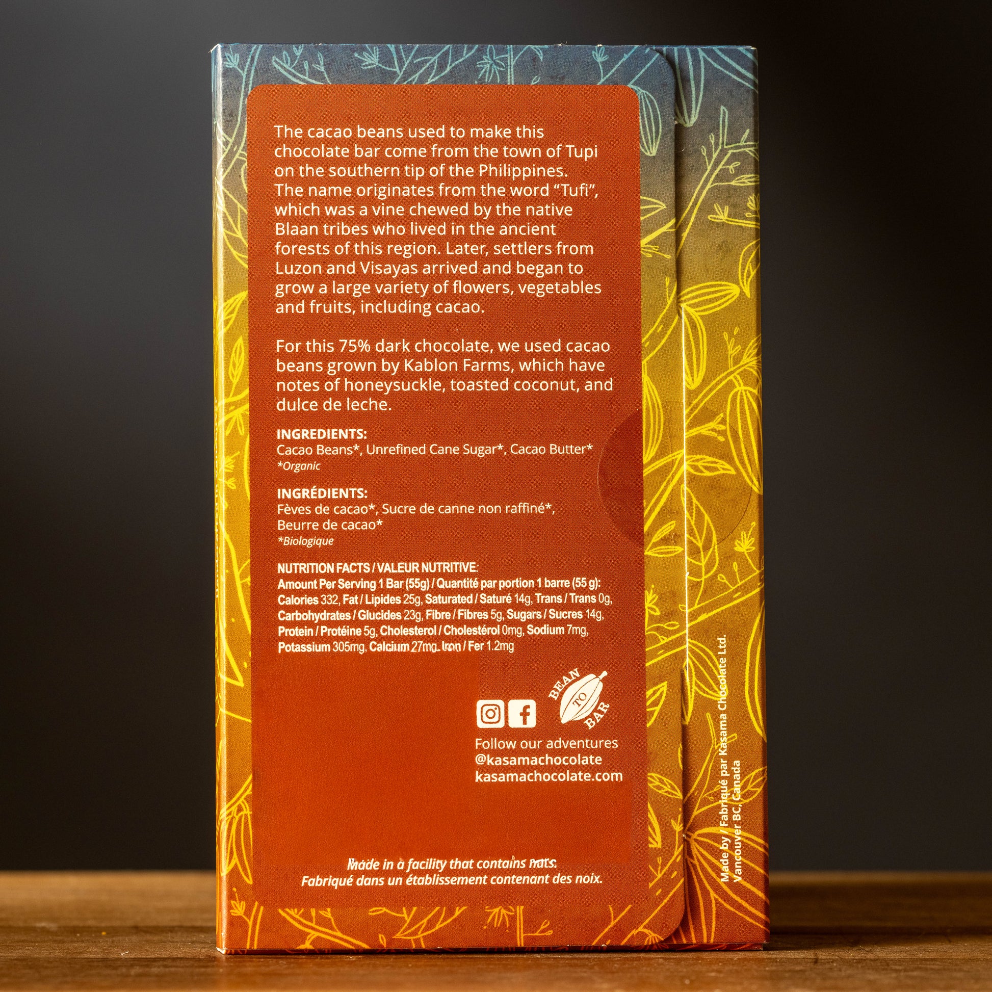 Kasama-75% Tupi Organic Dark Chocolate Bar - Philippines-Nutrition