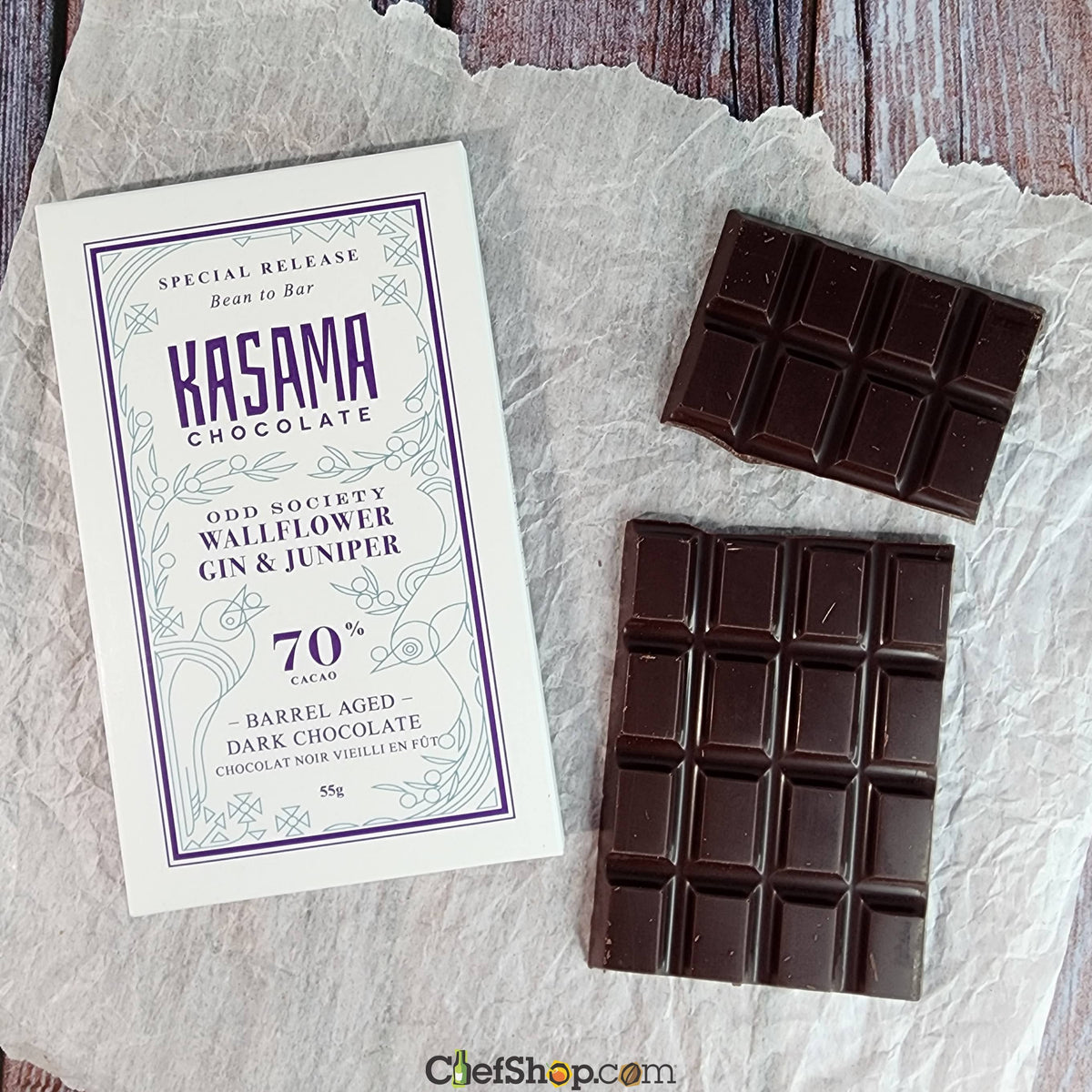 Kasama Wallflower Gin & Juniper Barrel-Aged 70% Dark Chocolate Bar