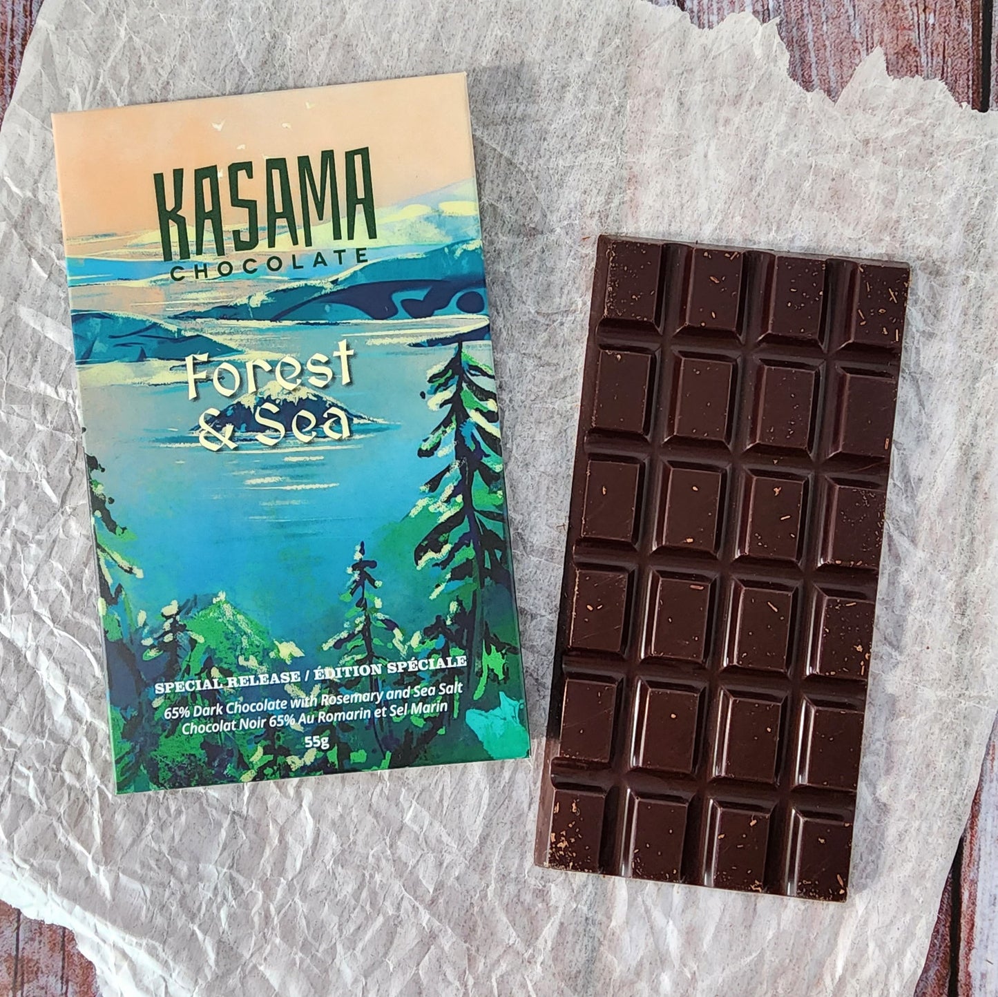 Kasama 65% Forest & Sea Dark Chocolate Bar with Rosemary and Sea Salt