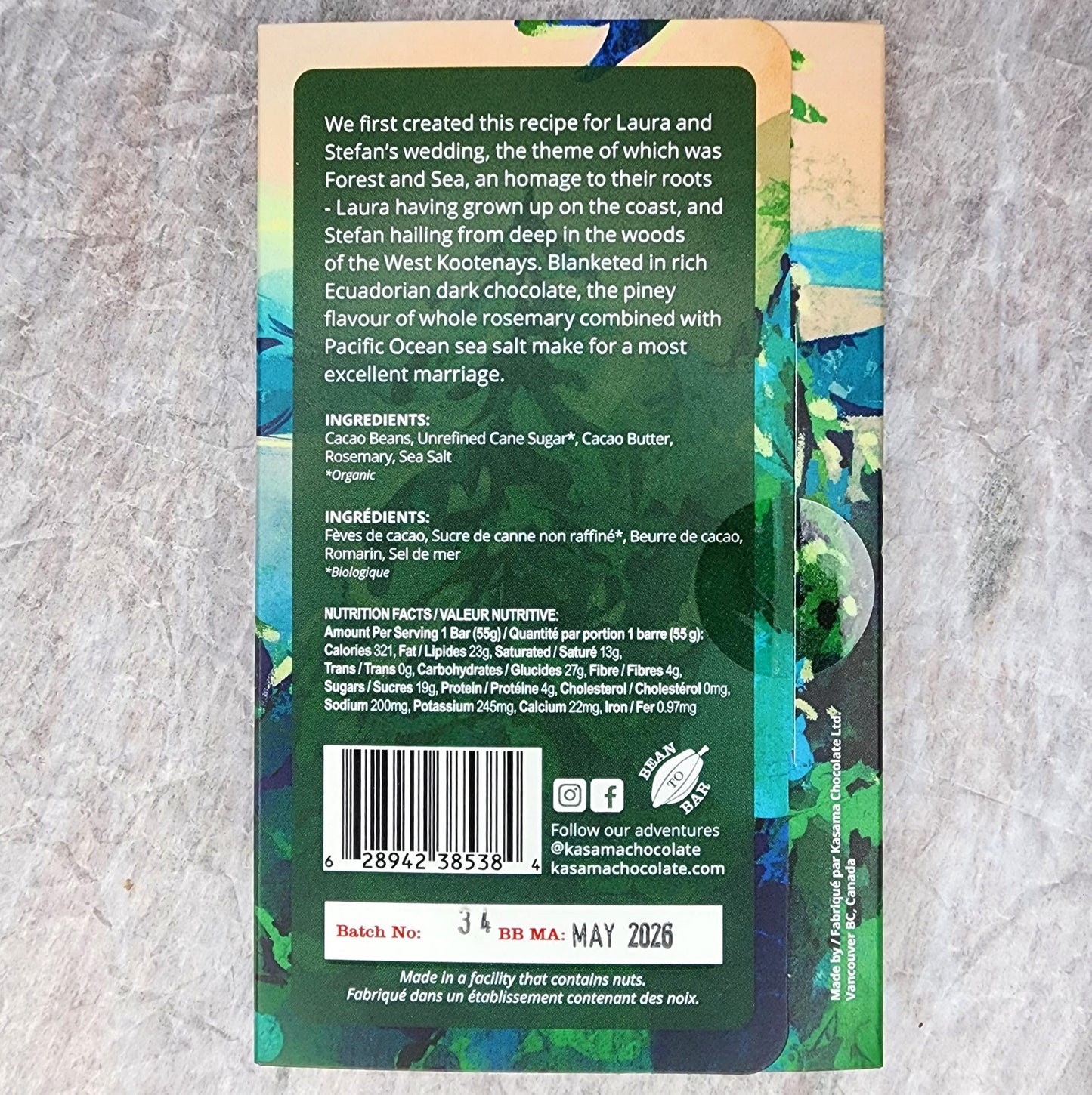 Kasama 65% Forest & Sea Dark Chocolate Bar with Rosemary and Sea Salt