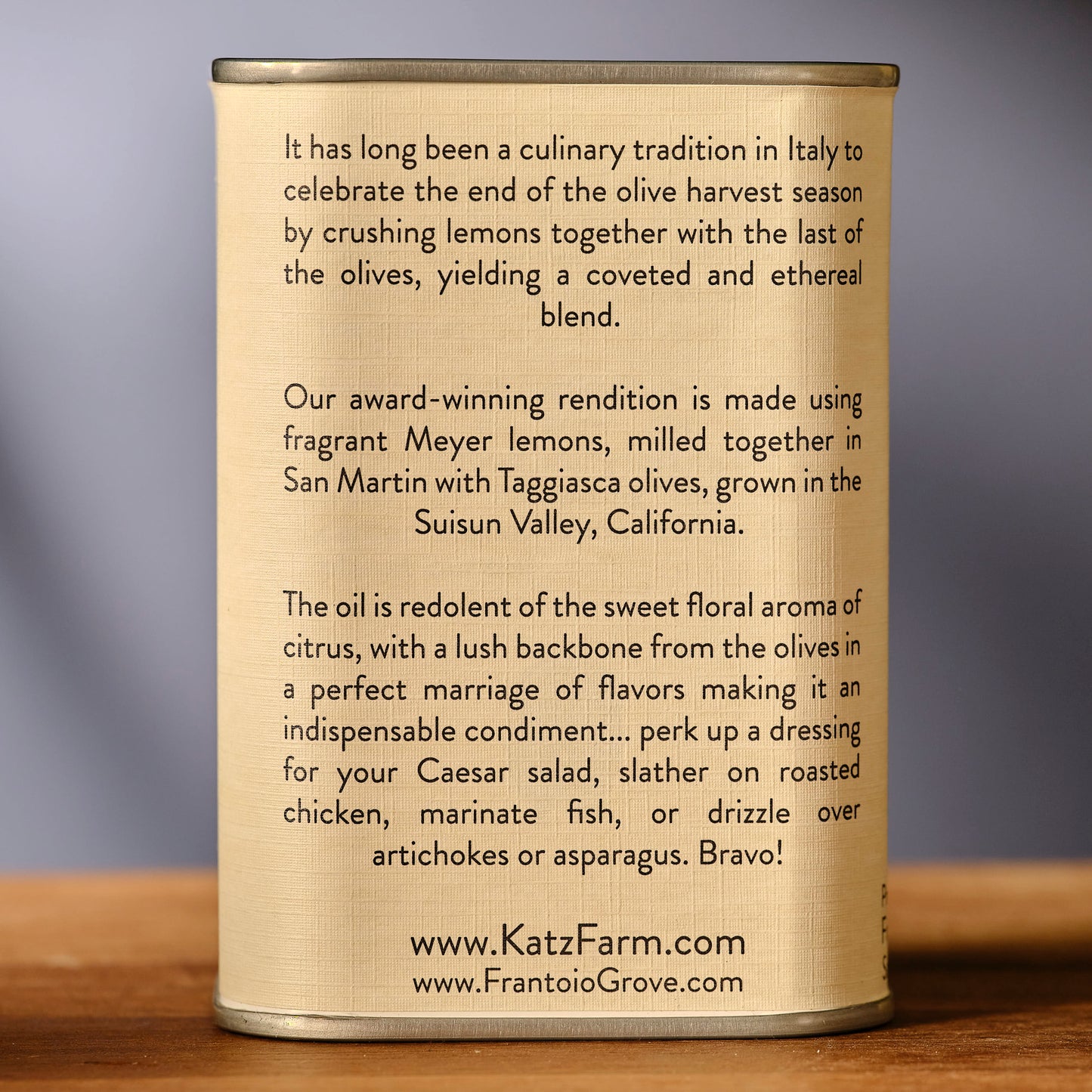 Katz Farm - Frantoio Grove Meyer Lemon Olive Oil Label