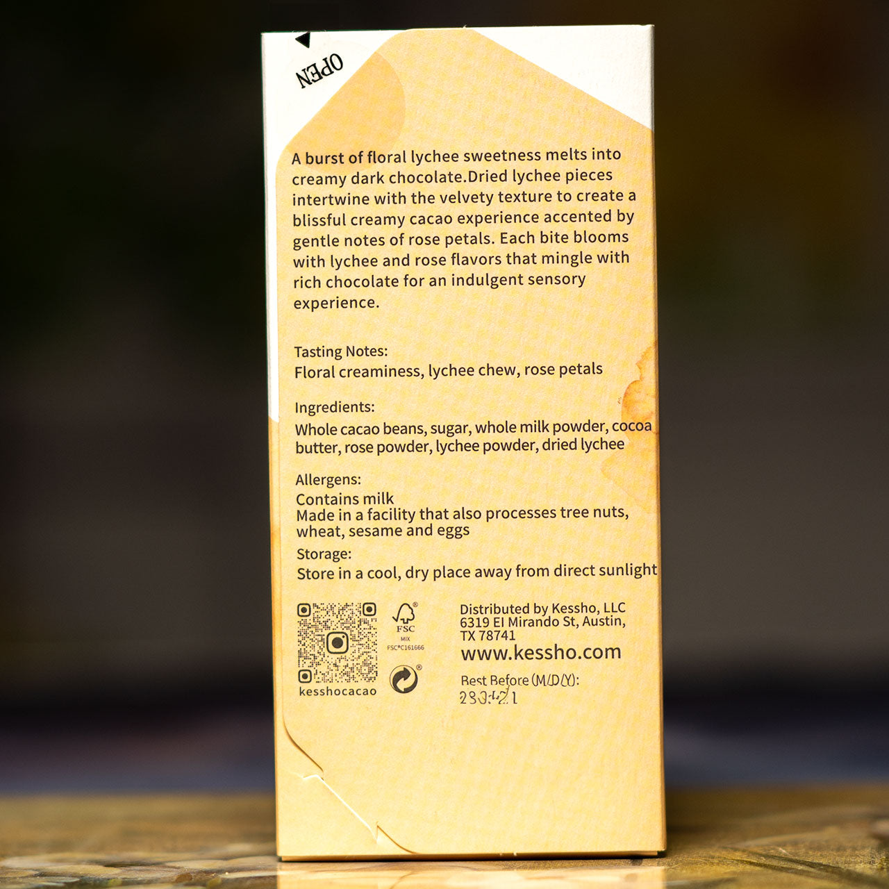 KESSHO Lychee Rose 48 percent Cacao Dark Milk Semuliki Forest Chocolate Bar