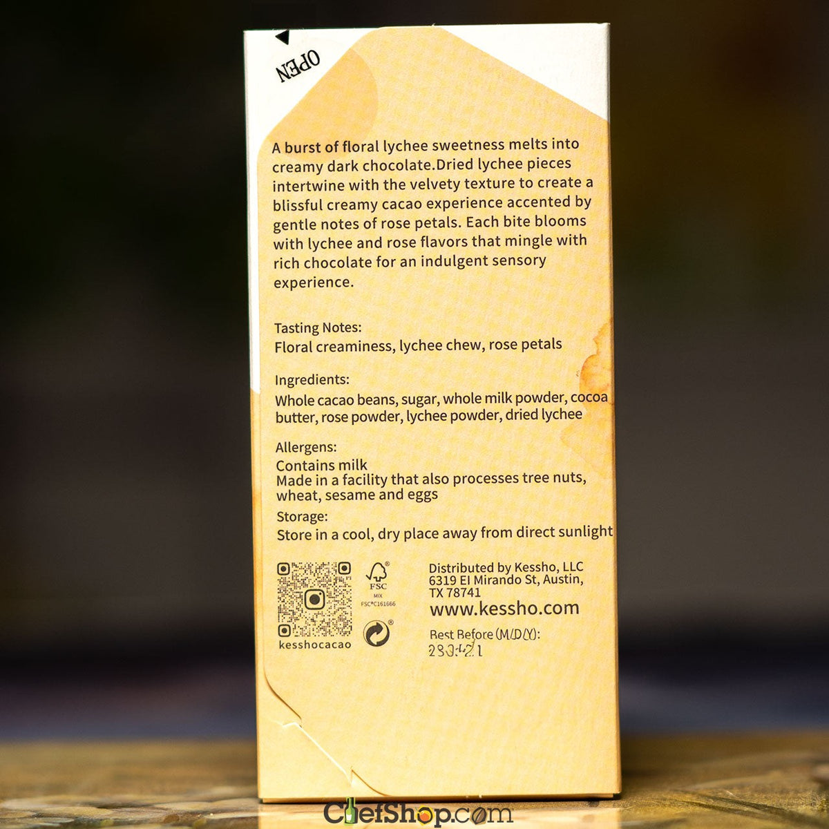 KESSHO Lychee Rose 48 percent Cacao Dark Milk Semuliki Forest Chocolate Bar