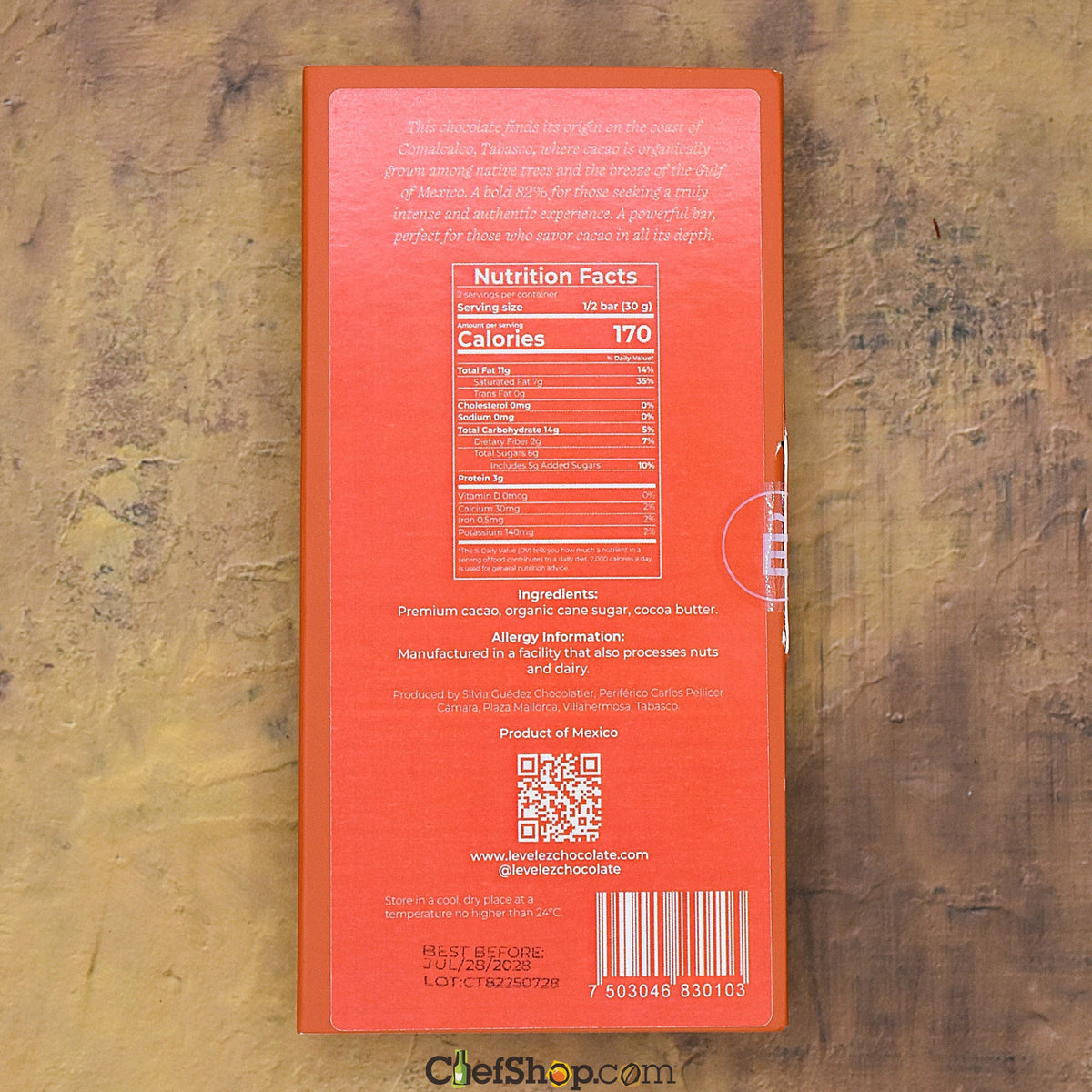 Levêlez 82% Costa de Tabasco Dark Chocolate Bar