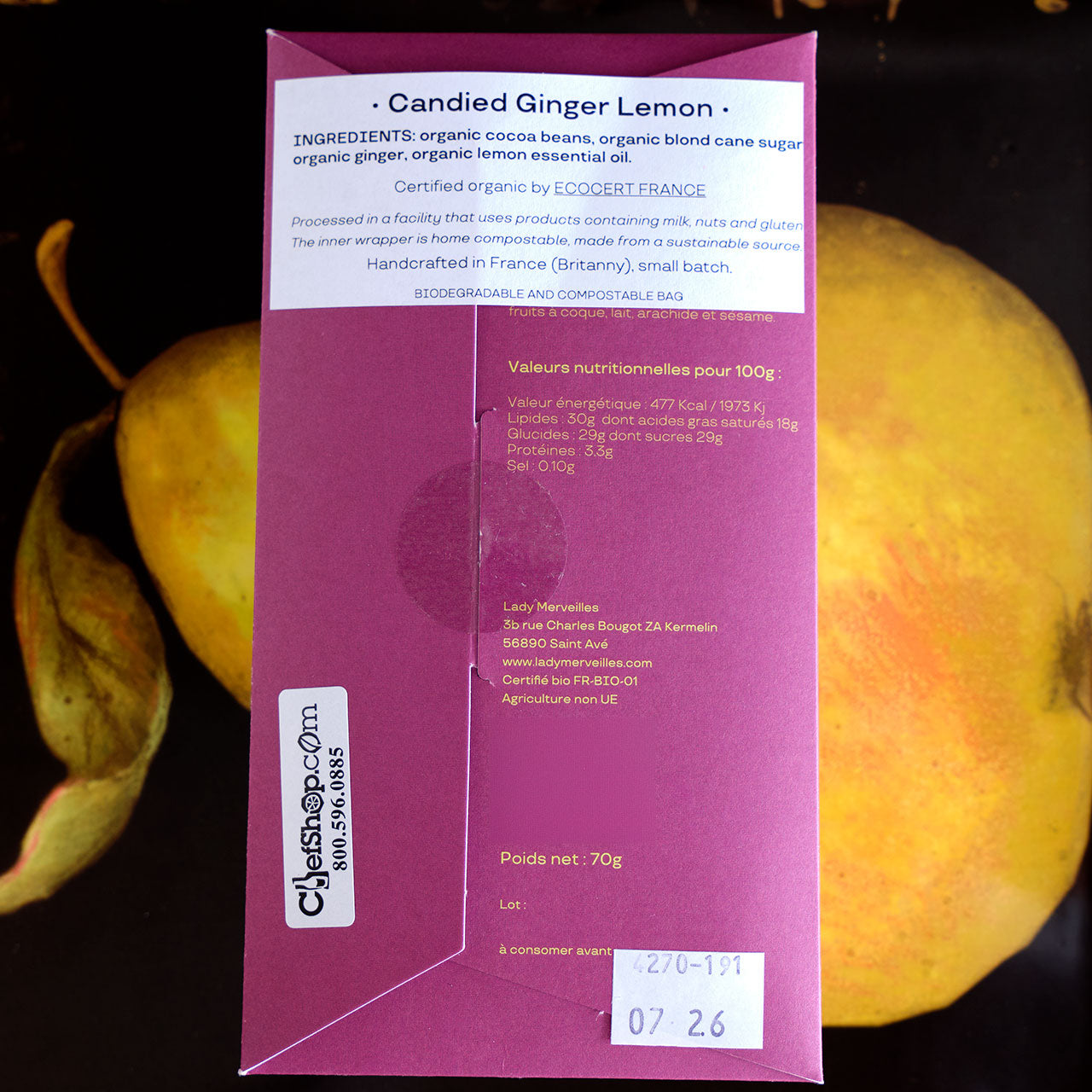 Lady Merveilles Chocolat Noir Citron Gingembre Belize Organic Citron and Ginger Chocolate