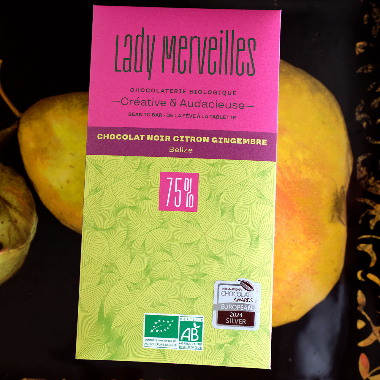 Lady Merveilles Chocolat Noir Citron Gingembre Belize Organic Citron and Ginger Chocolate