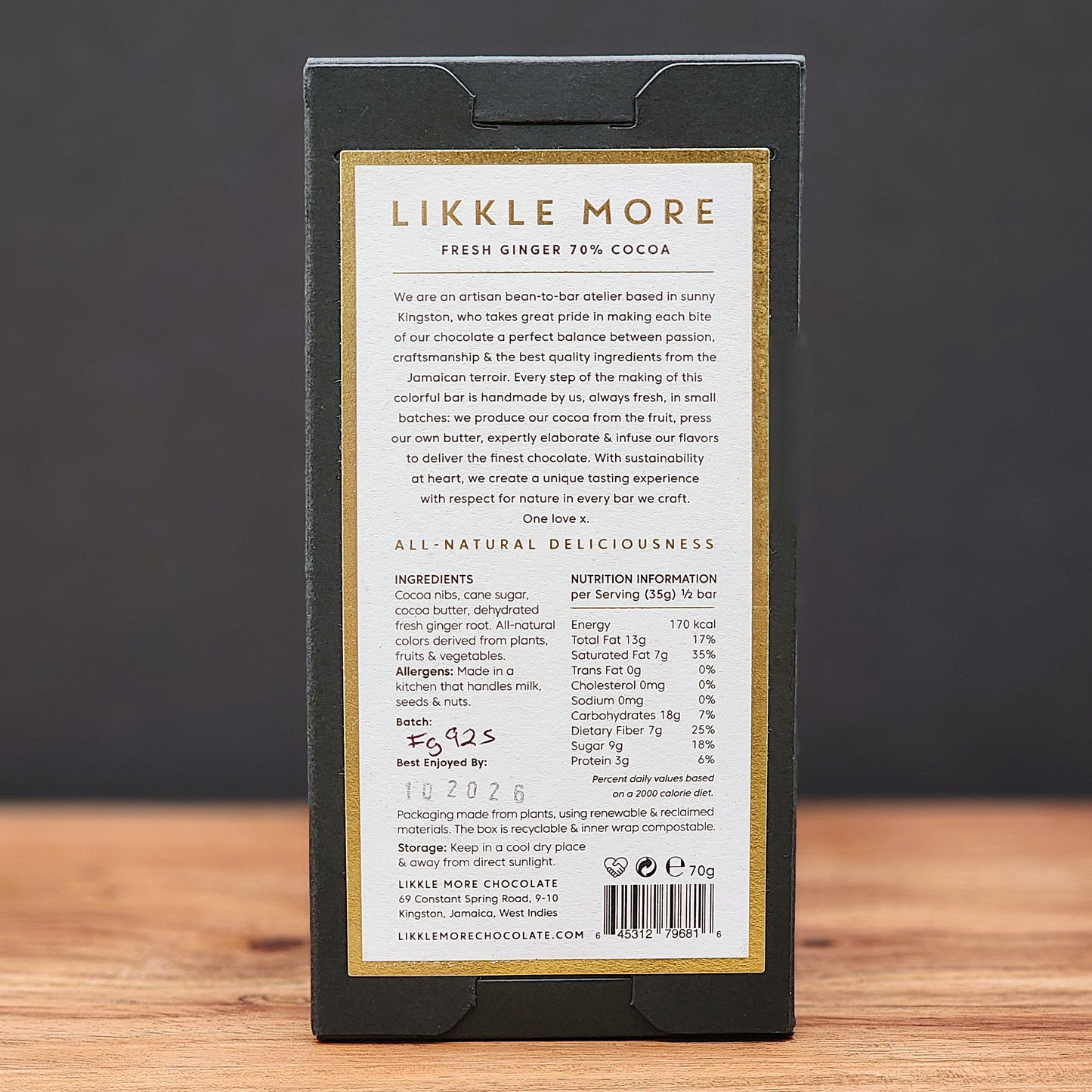 Likkle More Fresh Ginger 70% Dark Chocolate Bar