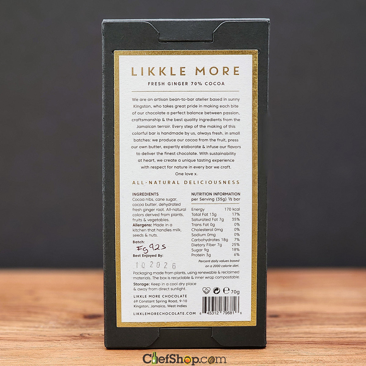 Likkle More Fresh Ginger 70% Dark Chocolate Bar