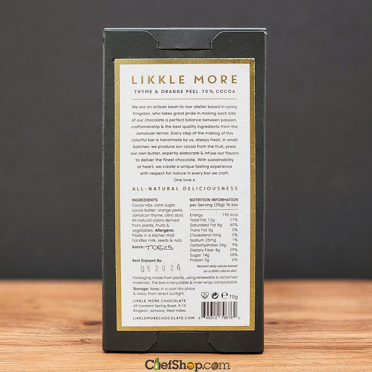 Likkle More Jamaican Thyme and Orange Peel 70% Dark Chocolate Bar