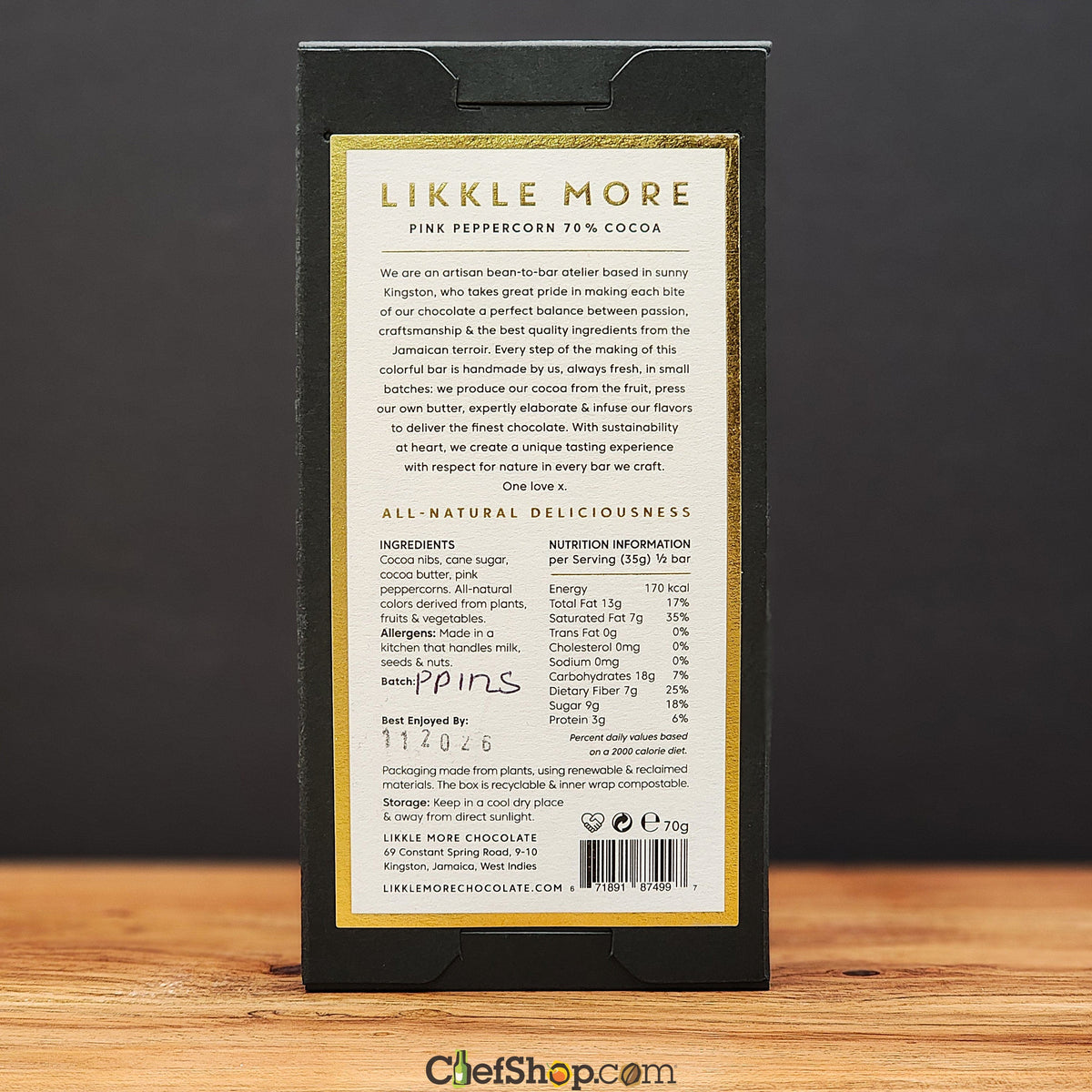 Likkle More Pink Peppercorn 70% Dark Chocolate Bar