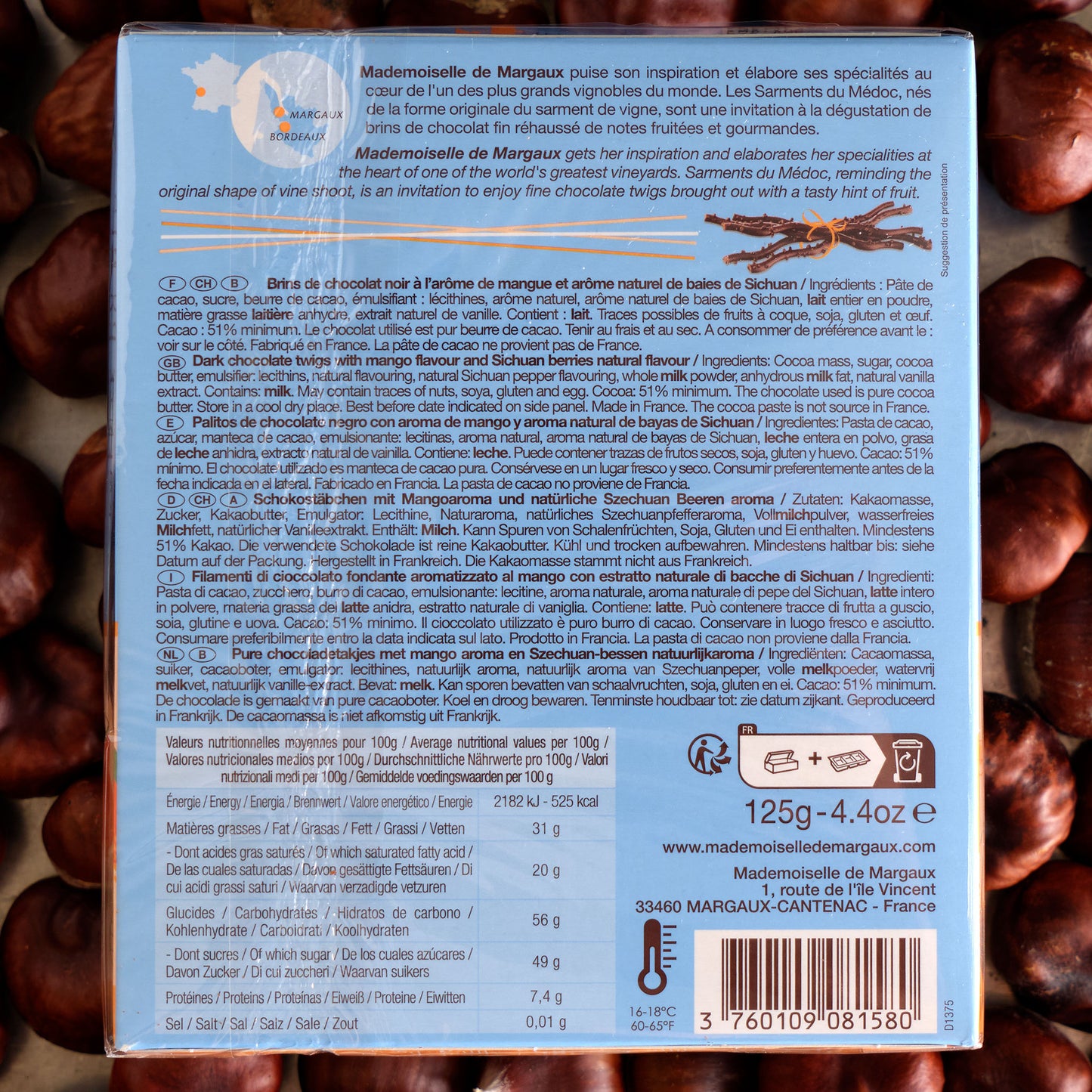 Mademoiselle de Margaux Saveurs Mangue & Baies de Sichuan Dark Chocolate Twigs with Mango and Sichua