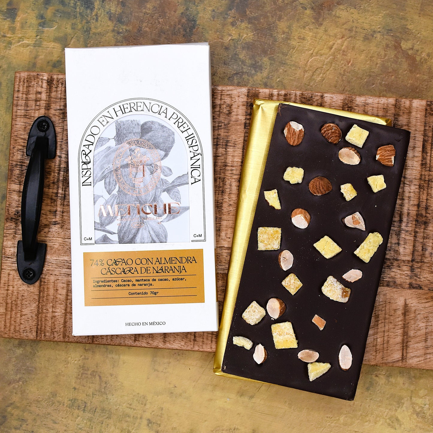 Chocolate Metiche Roasted Almonds and Orange Peel 74% Dark Chocolate Bar