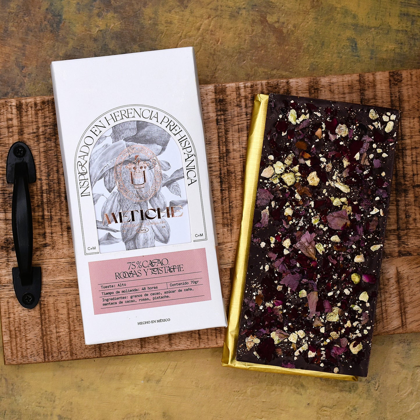 Chocolate Metiche Rose and Pistachio 75% Dark Chocolate Bar