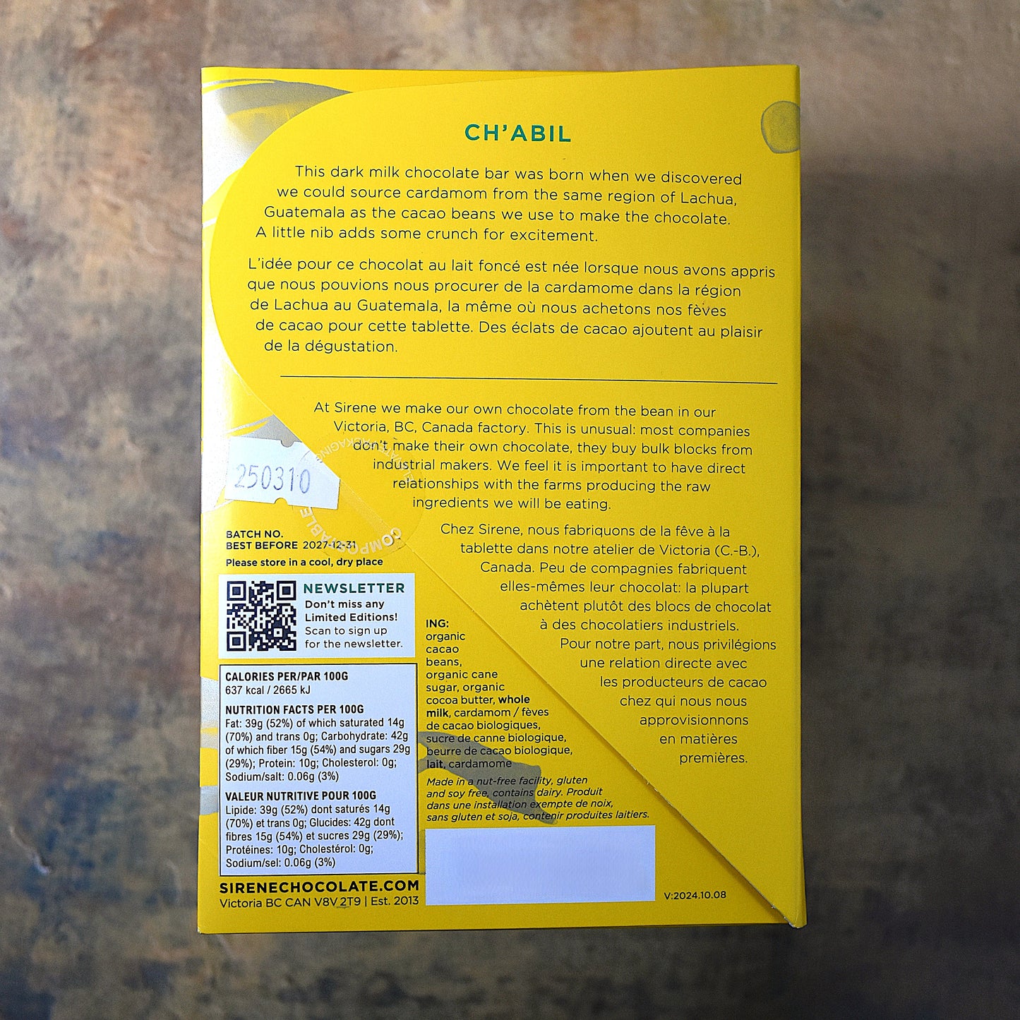 Sirene Ch'abil 65% Dark Milk Chocolate Bar with Cardamom