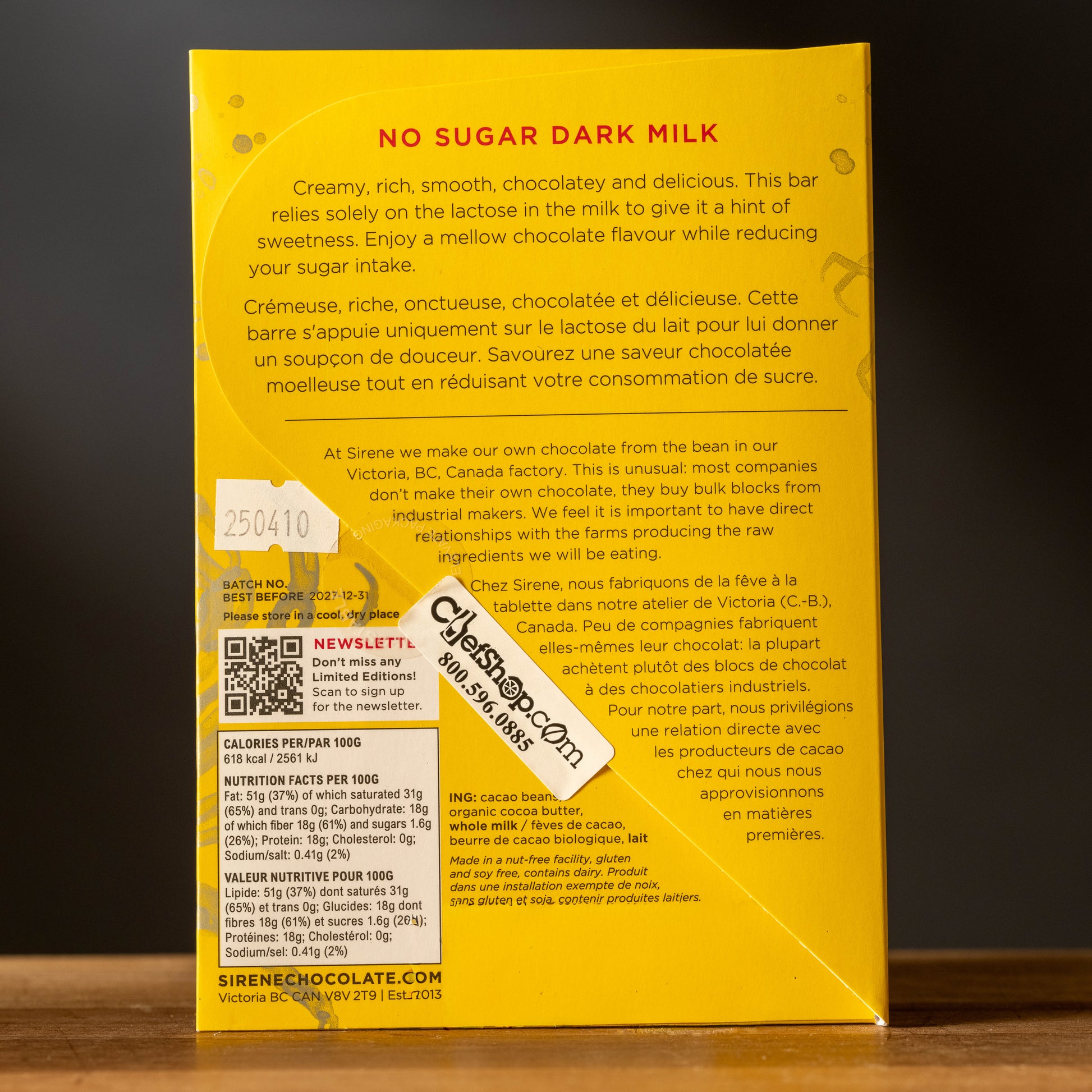 Sirene-No Sugar-65% Dark Milk Chocolate Bar-Nutrition