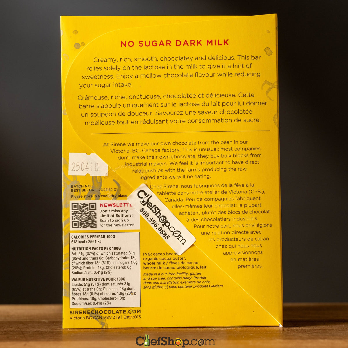 Sirene-No Sugar-65% Dark Milk Chocolate Bar-Nutrition