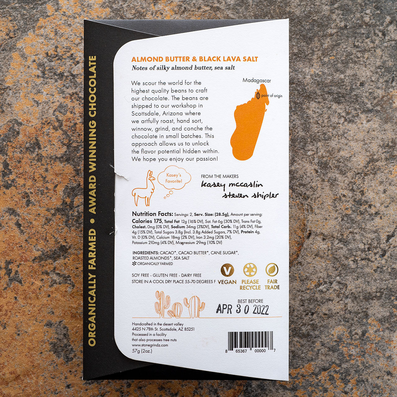 Stonegrindz Almond Butter and Black Lava Salt 80-Percent Dark Chocolate Bar