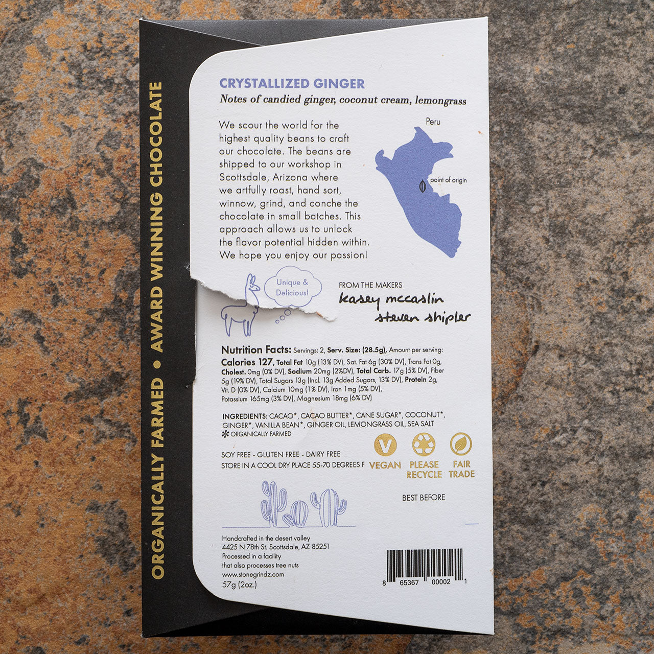 Stonegrindz Crystallized Ginger 55-Percent Coconut Milk Chocolate Bar