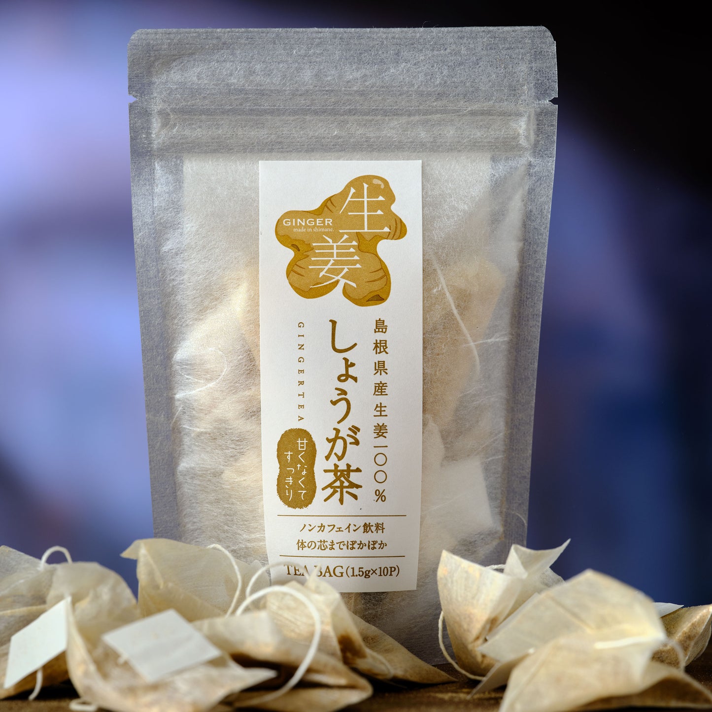 Japanese Ginger Tea Tea package with ginger flavor on a blurred background