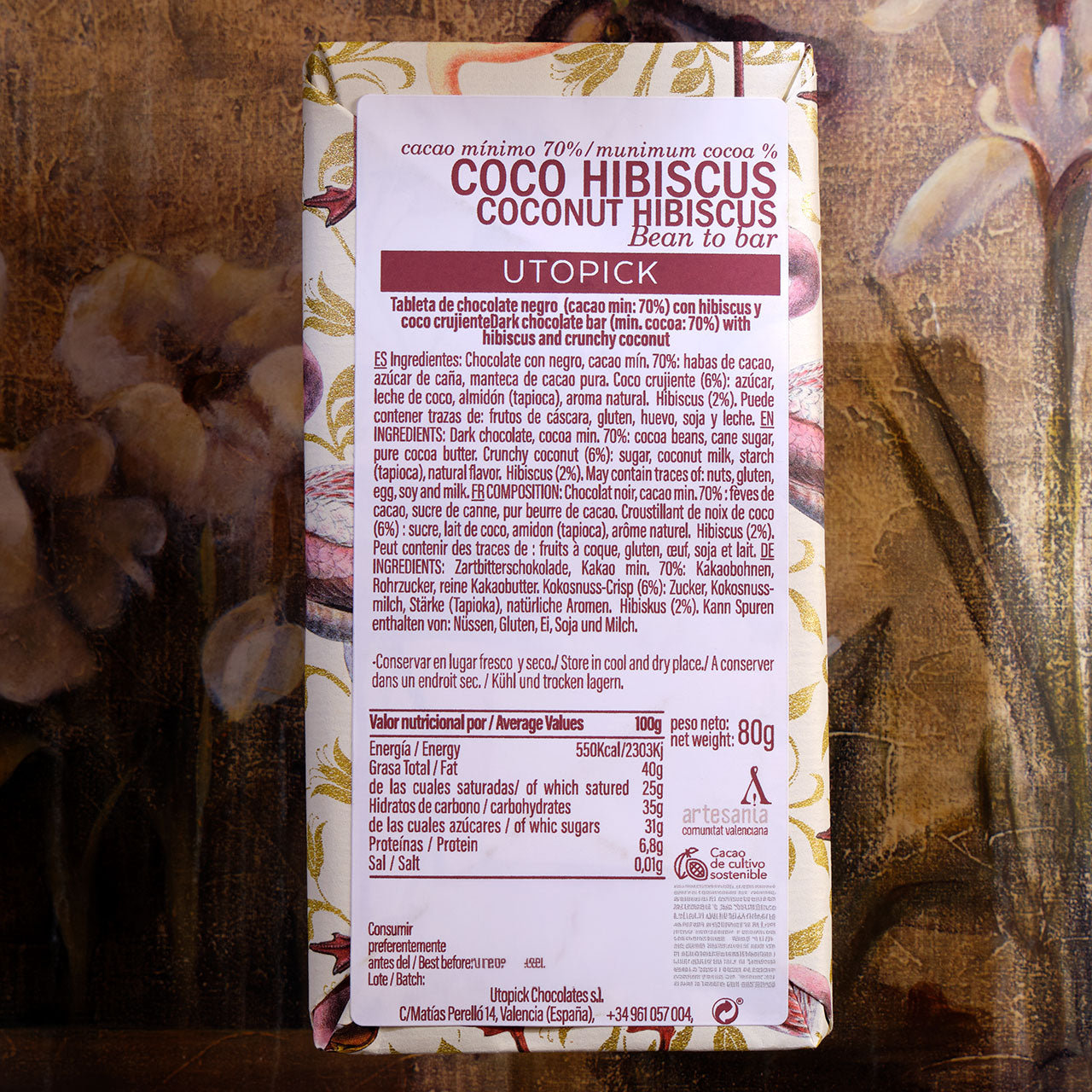 Utopick Coconut Hibiscus 70% Dark Chocolate Bar