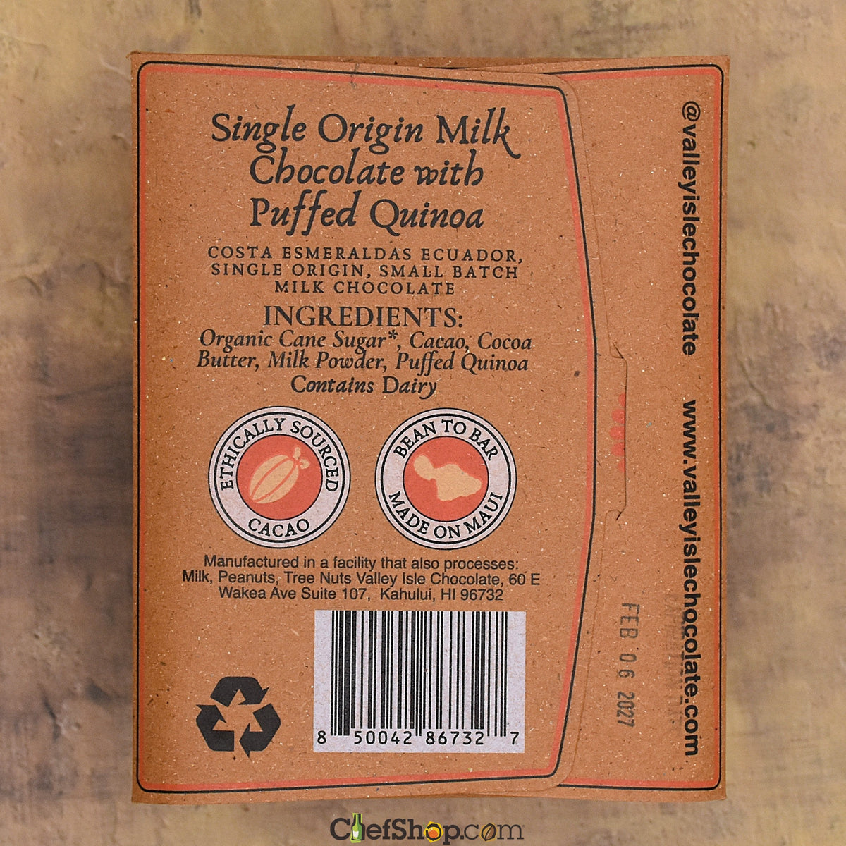Valley Isle Aloha Crunch Milk Chocolate Bar with Puffed Quinoa