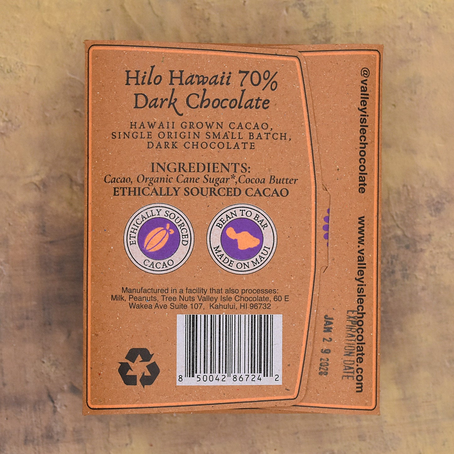 Valley Isle Hilo Ua Hanai Orchards 70% Dark Chocolate Bar