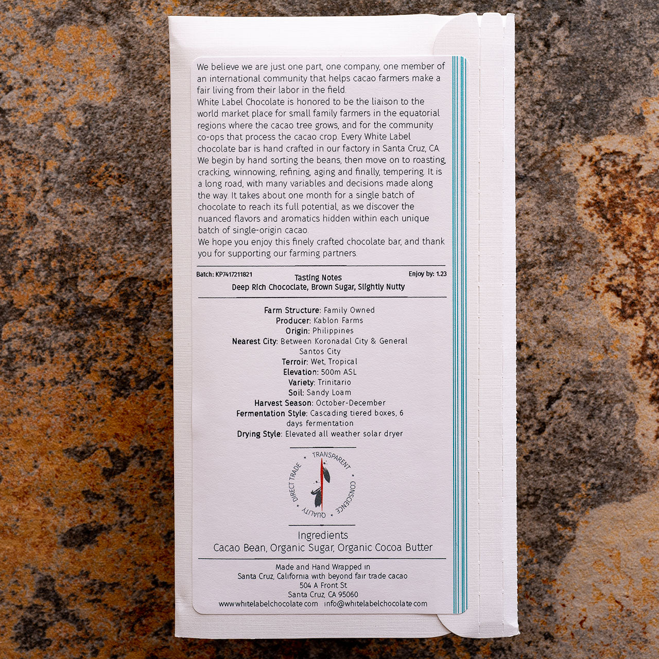 White Label 74 Percent Dark Philippines Kablon Farms Bar